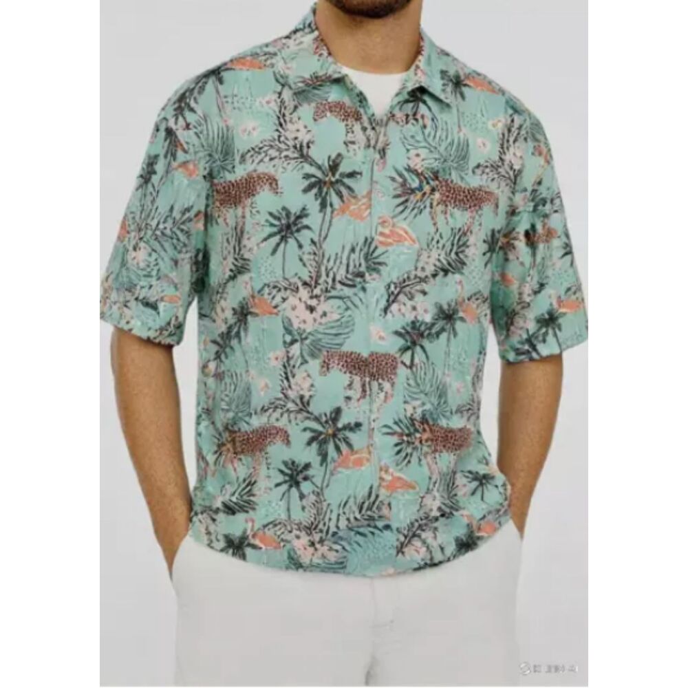 Greenside Golf Polo Shirt Men XL Tropical Floral Leopard Cheetah Hawaiian Blue